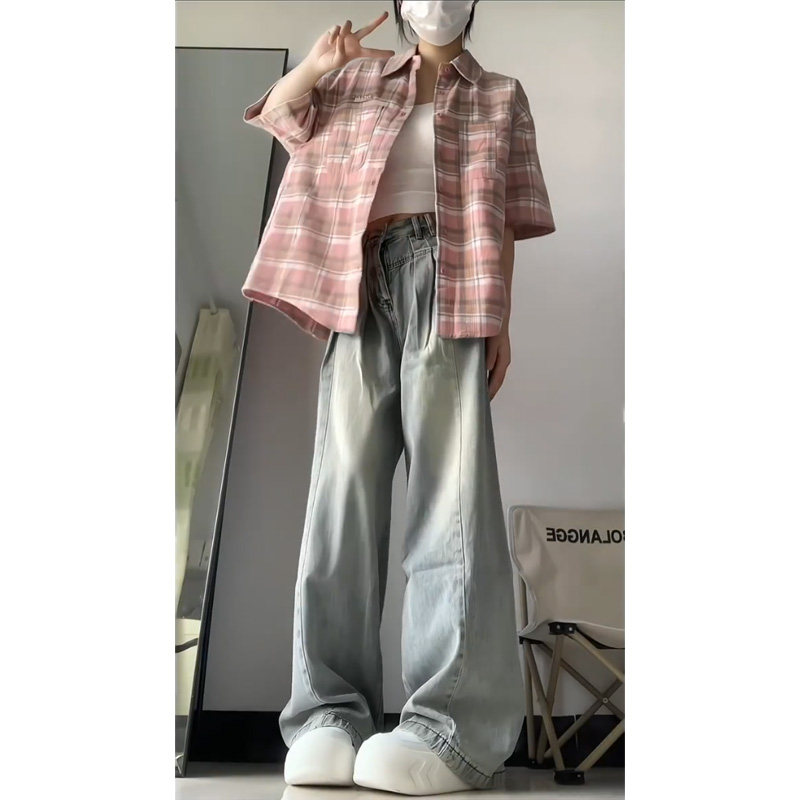 AMERICAN RETRO DRAPED JEANS WOMENS SPRING AND AUTUMN DESIGN HIGH-WAISTED THIN STRAIGHT LOOSE WIDE-LEG TROUSERS