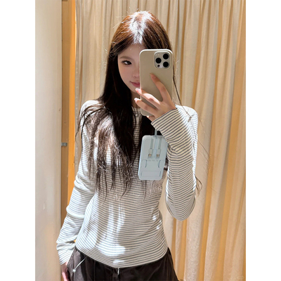 韩系bm风条纹正肩圆领长袖t恤女
