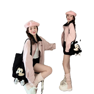 韩系粉色麂皮小香风外套女春秋2025新款美式短款小众夹克翻领上衣