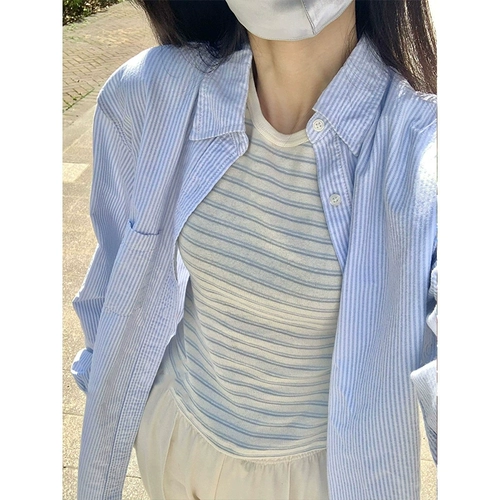 Синяя осенняя рубашка, куртка, французский стиль