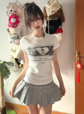 美式卡通小狗印花圆领短袖t恤女夏季新款甜酷风修身正肩白色上衣