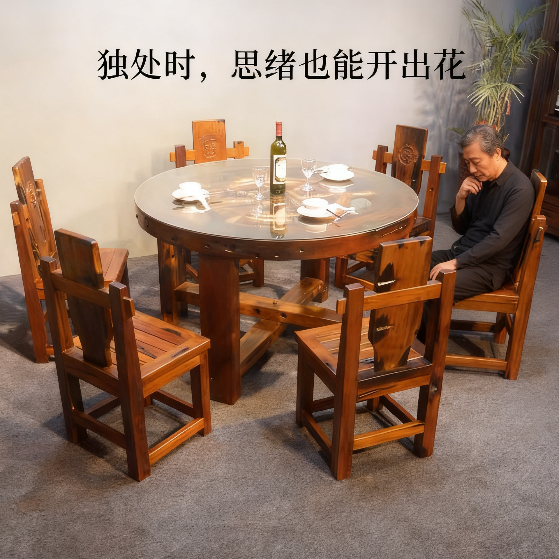 老船木圆形餐桌实木组合