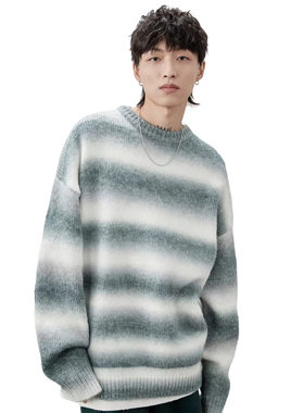 东大门同款马海毛毛衣男韩版针织衫外套oversize日系复古条纹毛衫