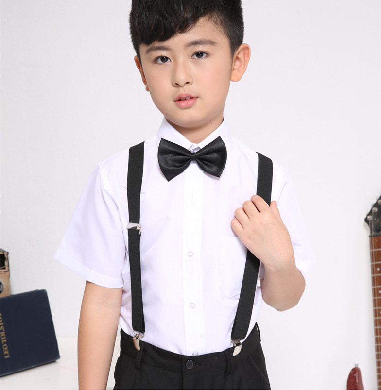 男孩白色短袖衬衫黑色西装背带裤西裤领结儿童演出服合唱服舞蹈服