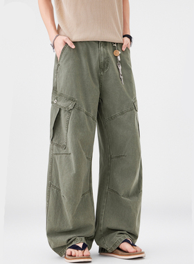 潮牌美式拼接解构弯刀牛仔裤男士宽松直筒多口袋工装裤