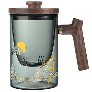 忆壶茶玻璃茶杯日式茶水分离杯子带盖办公室泡茶杯过滤木柄茶道杯