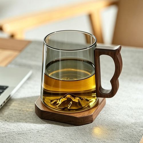 忆壶茶胡桃木把手玻璃茶杯耐热茶水分离泡茶杯办公室个人水杯男士