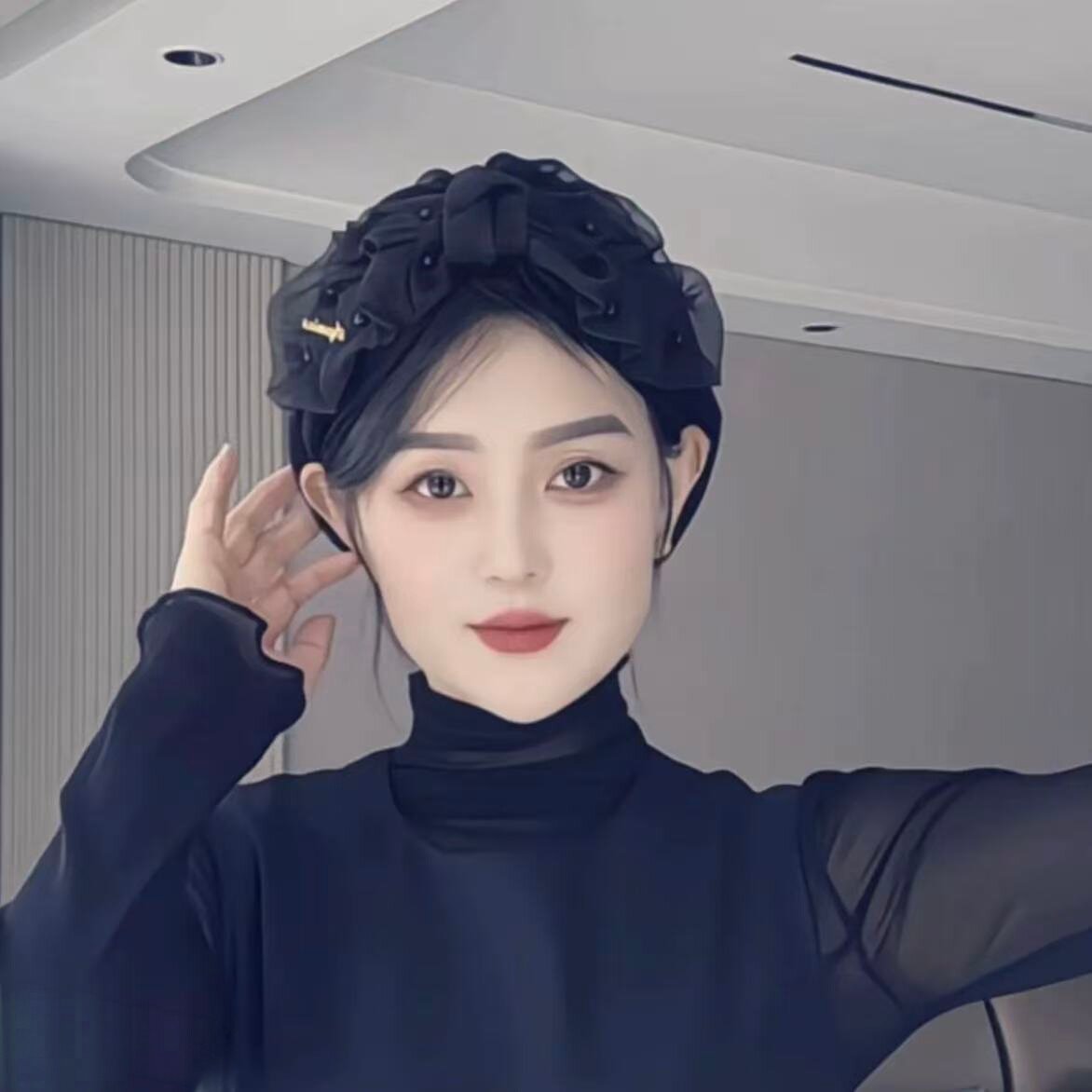 甜美可爱蝴蝶结包头帽女洋气百搭薄款黑色帽子日常褶皱发带帽网帽
