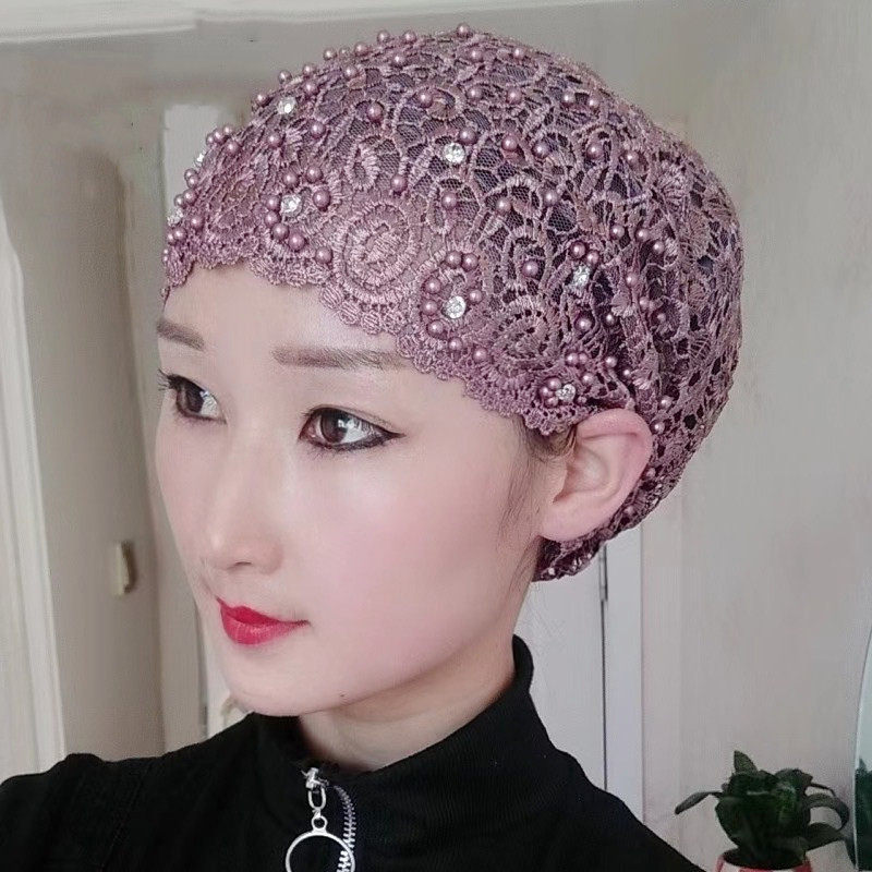 春夏穆斯纱巾新款女士帽子套头防风帽包头帽蕾丝堆堆帽盖头头巾帽