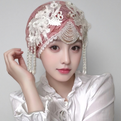 新款优雅奢华蕾丝流苏公主头巾帽