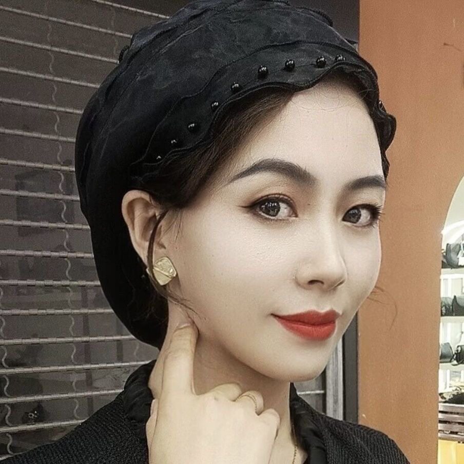 复古黑色套头帽女木耳边蕾丝气质帽子透气遮阳日常百搭头巾帽