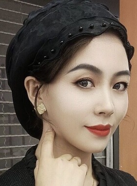 复古黑色套头帽女木耳边蕾丝气质帽子透气遮阳日常百搭头巾帽