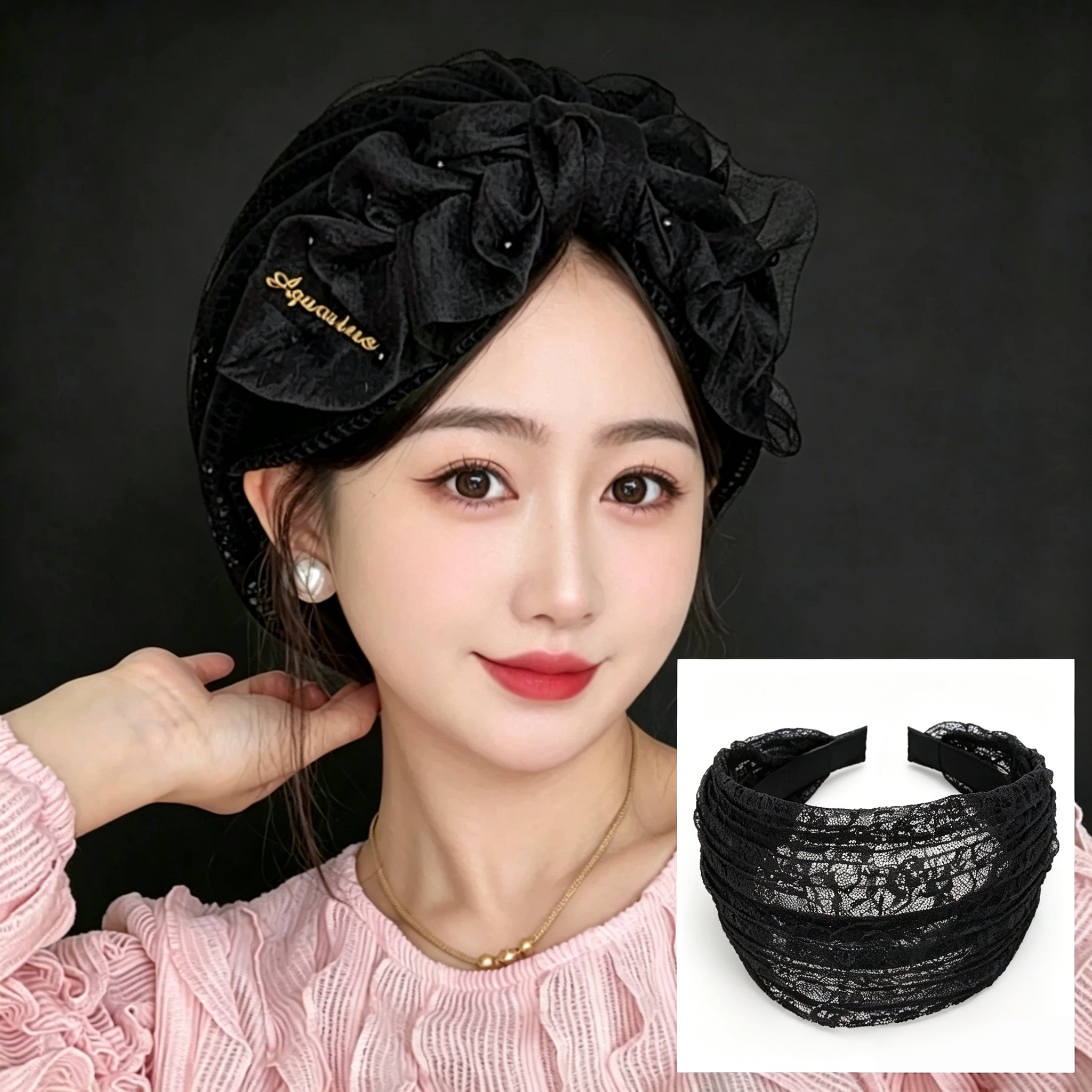 甜美可爱蝴蝶结包头帽女黑色蕾丝透气时尚洋气显瘦帽子日常头巾帽