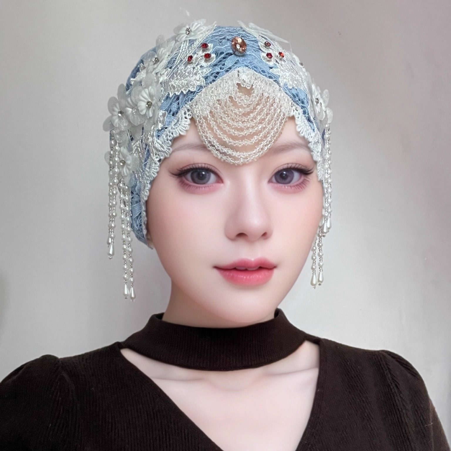 新款优雅奢华蕾丝花朵流苏女士帽子女手工串珠包头帽回族头巾帽