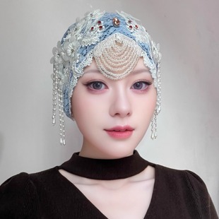 新款优雅奢华蕾丝花朵流苏女士帽子女手工串珠包头帽回族头巾帽