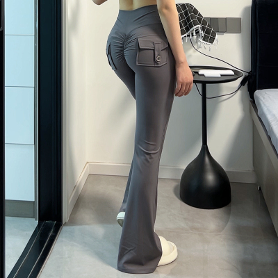 工装口袋瑜伽裤女蜜桃瑜伽喇叭裤提臀运动紧身裤健身裤微