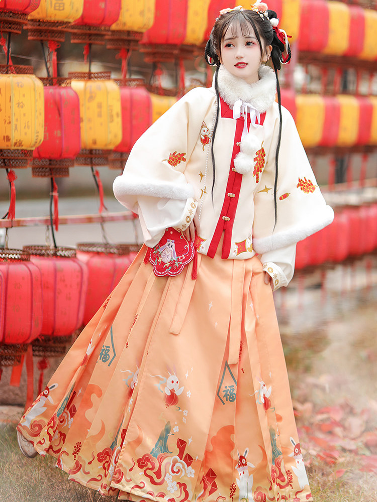 옥 토끼기도 원래 명나라가 만든 재킷 스커트 HANFU 여성 2024 새로운 겨울 두꺼운 따뜻한 말 얼굴 스커트 정장 고대 의상