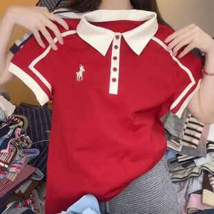 广州白马女装短袖拼接撞色Polo领t恤女夏季宽松显瘦遮肉百搭上衣
