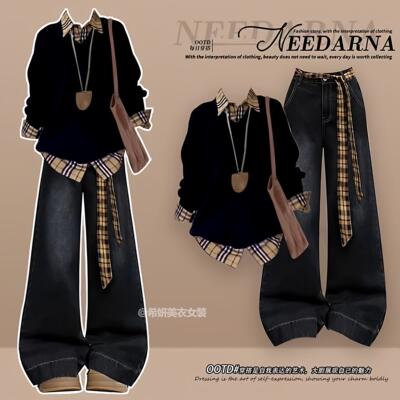 15岁初中学生春秋季套装女大童少女时尚卫衣阔腿牛仔裤宽松两件套