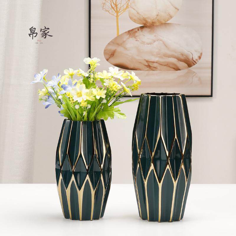 现代简约陶瓷菱形描金时尚餐桌客厅插花水培摆件欧式花器花瓶