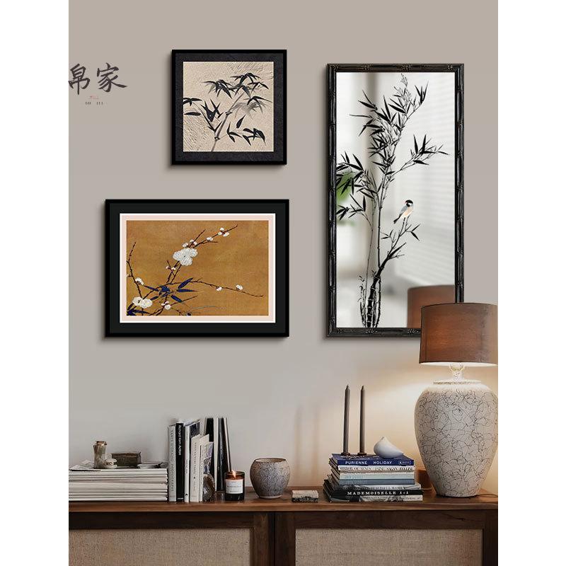 墨竹镜子装饰画法式中国风客厅组合挂画中古花鸟书房卧室镜面挂画