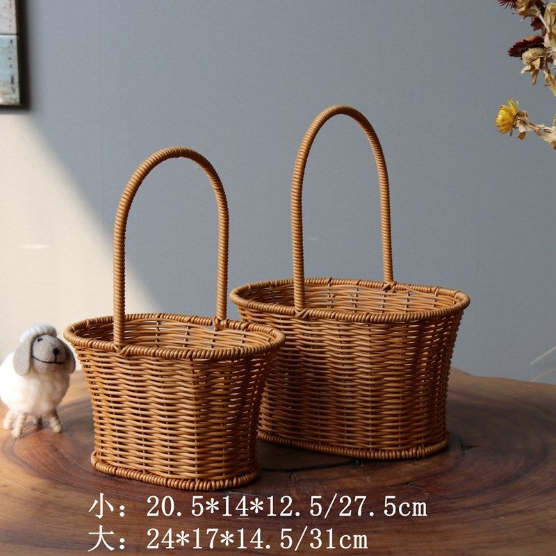 田园风系列藤编手提篮 塑料藤仿藤手工编织花篮 手提包野餐篮子