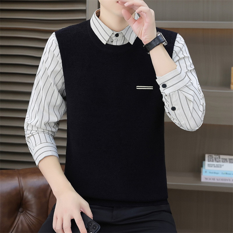 男士衬衫领毛衣2025年秋冬新款男装青年时尚休闲潮流假两件针织衫