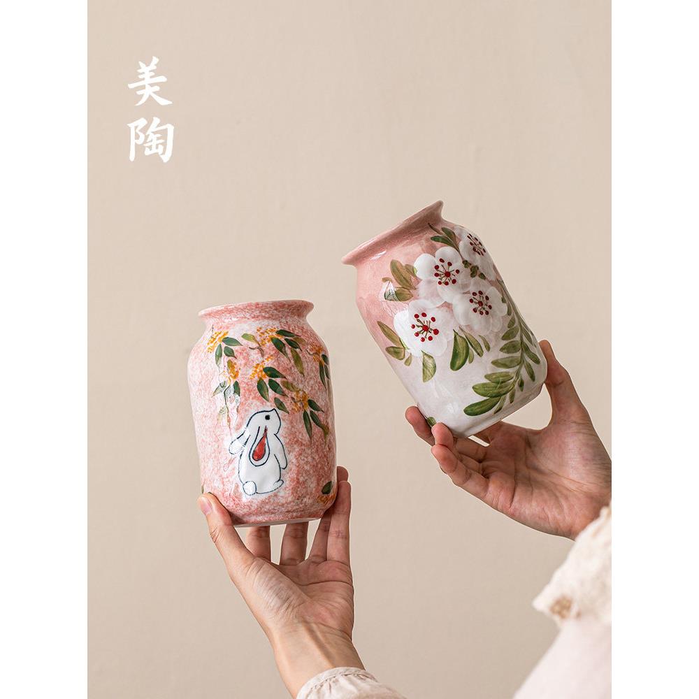 景德镇水培插花新中国风覆古收纳饰品小花筒手绘兔子陶瓷花瓶