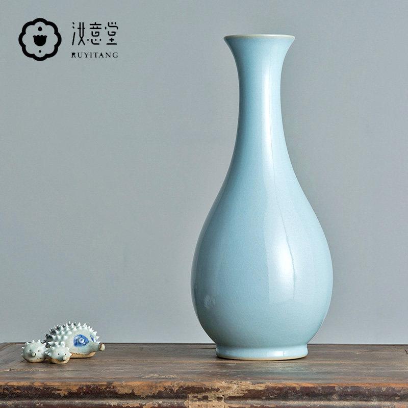 中式玉壶春天青色陶瓷花瓶 汝窑青瓷客厅摆设花瓶