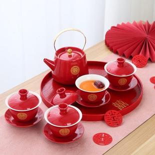 中式 婚庆红色结婚礼品茶具套装 新人陪嫁改口敬茶杯陶瓷茶壶喜茶碗