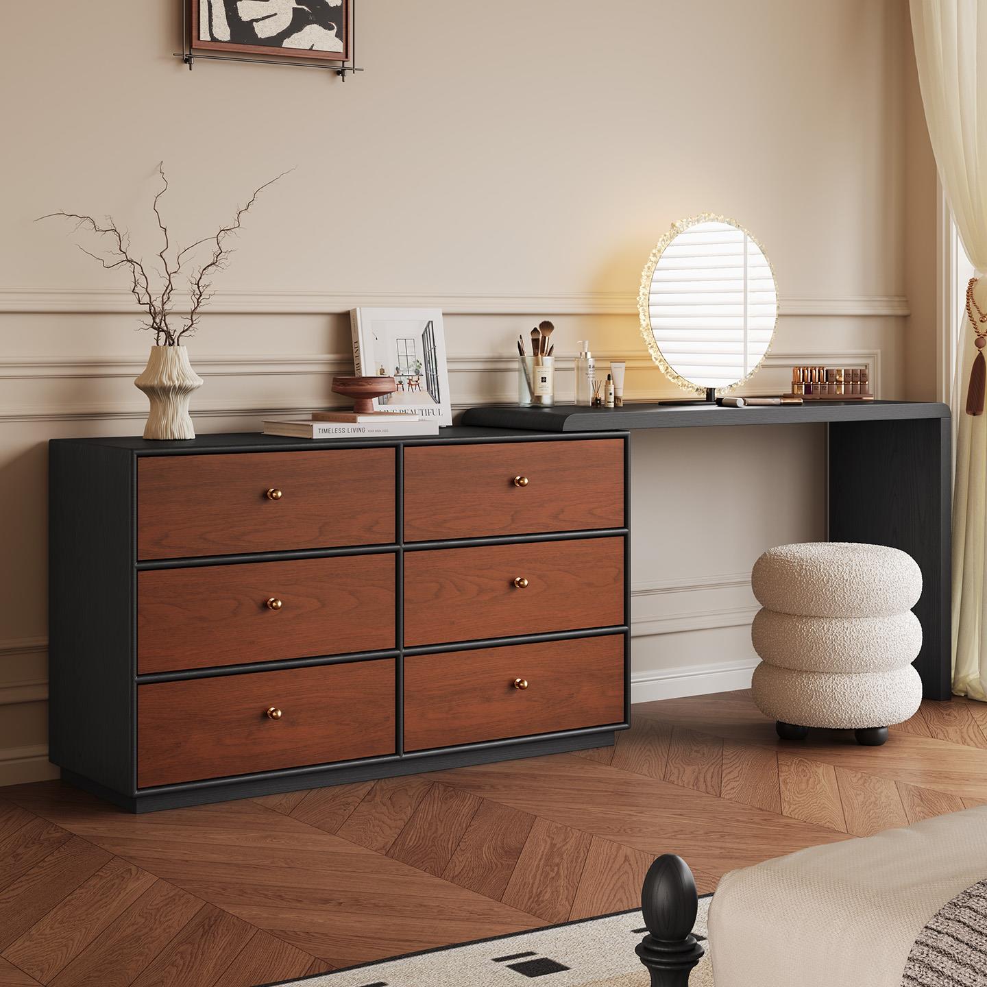 实木梳妆台2025新款主卧旋转储物化妆桌法式中古风梳妆台斗柜一体