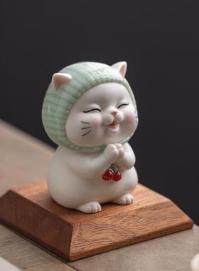 可爱卡通陶瓷招财许愿猫咪小摆件客厅办公室桌面装饰汽车载工艺品