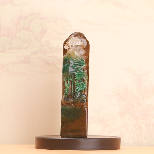 天然老料冰天蓝料独山玉兰花竹石雕平安富贵收藏工艺品三色印章