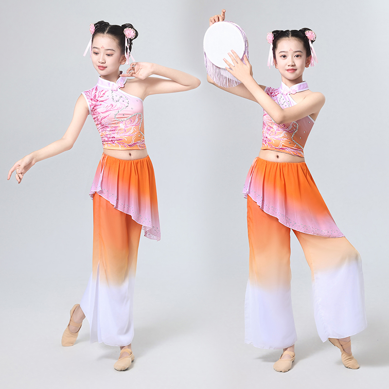 古典舞蹈演出服女钱鼓舞春嬉舞蹈服套装儿童艺考群舞舞台装表演服