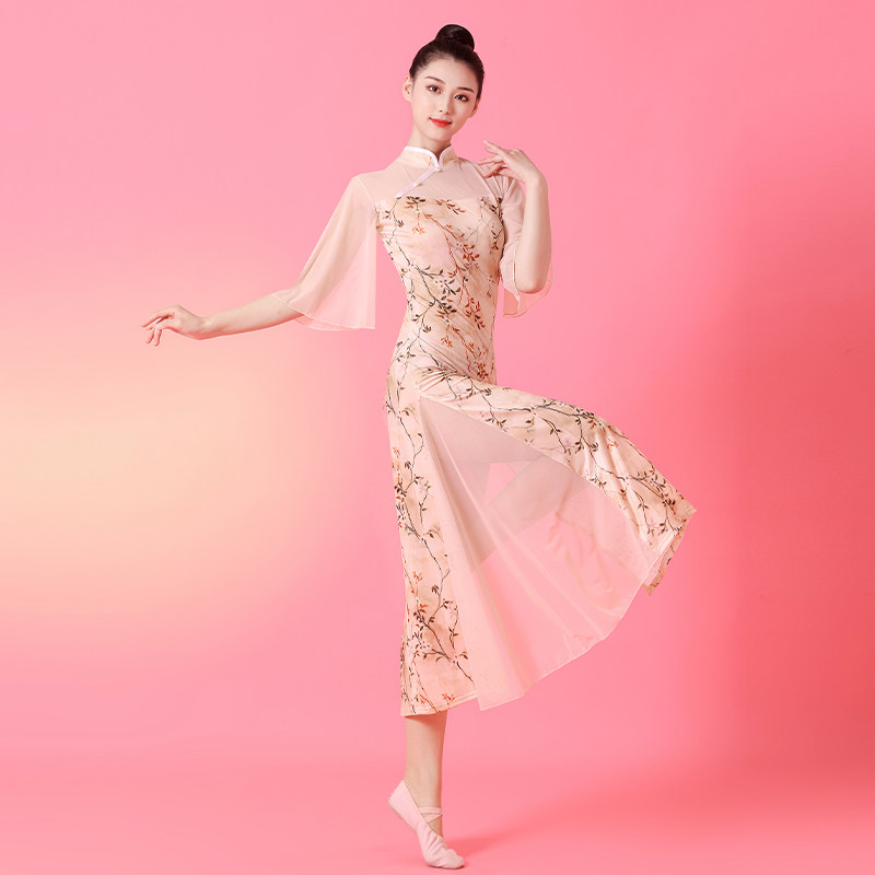 古典舞旗袍显瘦国风舞蹈服花色民族表演服装复古气质跳舞连衣裙