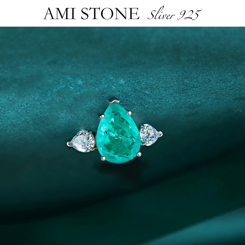 新品纯银微镶人造培育帕拉伊巴梨形5克拉轻奢重工时尚个性女指环