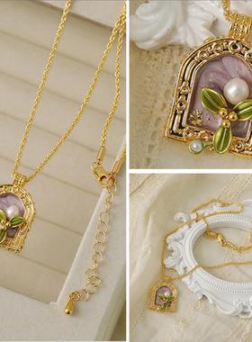 18K金中古油画风珐琅彩项链