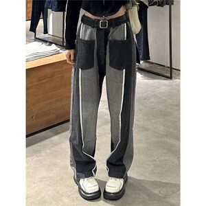 裤子女秋季新款美式复古拼接牛仔裤长裤宽松显瘦高腰直筒阔腿裤潮