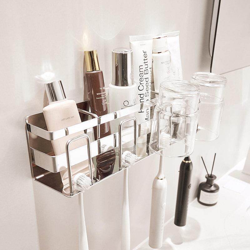 浴室电动牙刷牙膏置物架卫生间304不锈钢漱口杯架子壁挂式免打孔