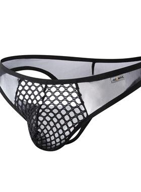 JOCKMAIL半透明性感低腰网纱男士丁字裤囊袋渔网情趣黑色T裤双层