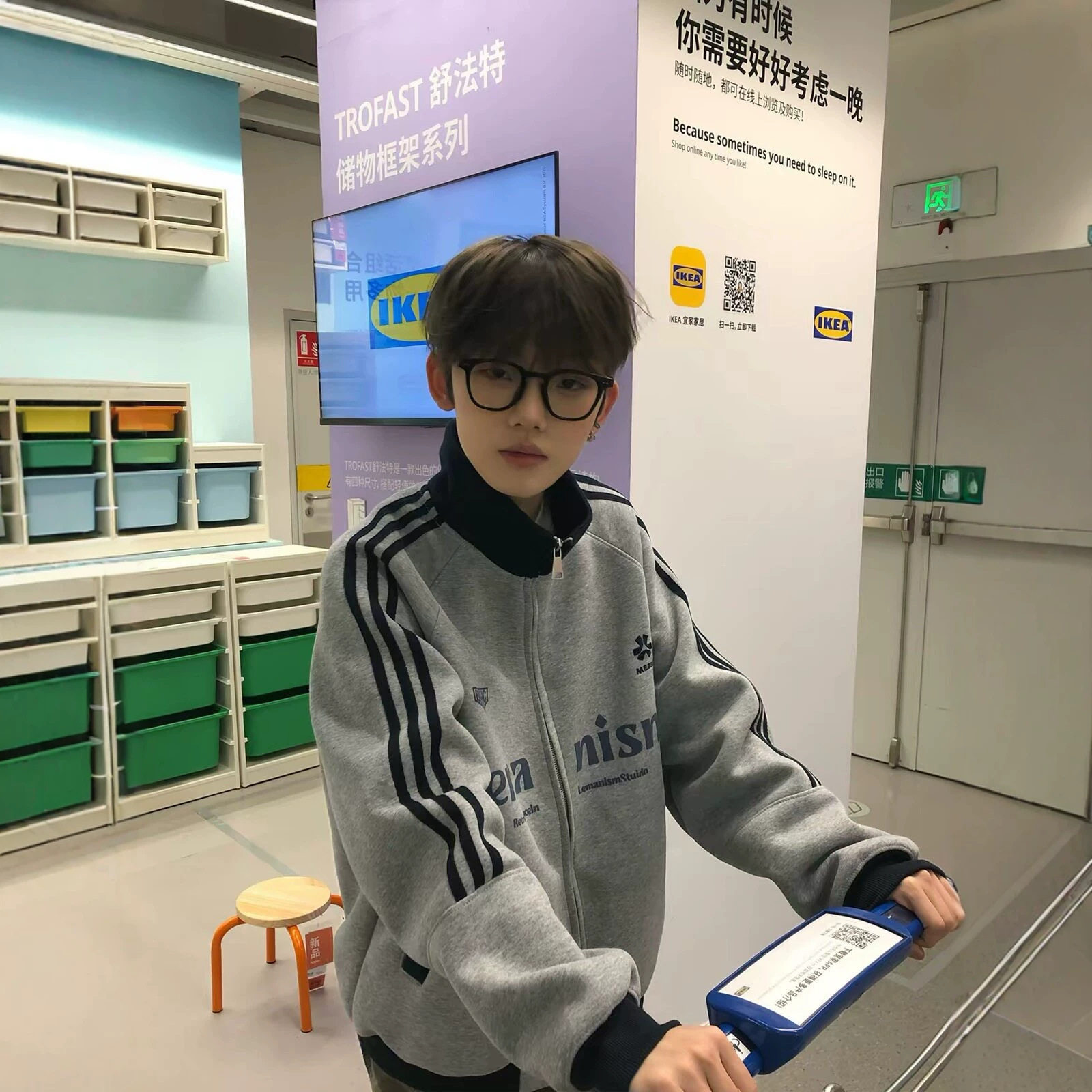 美式三条杠立领开衫卫衣男秋冬季初中高中学生宽松夹克青少年外套