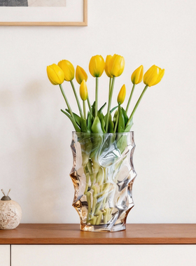 轻奢欧式透明玻璃花瓶黄色郁金香餐桌装饰摆件时尚晚宴风花艺
