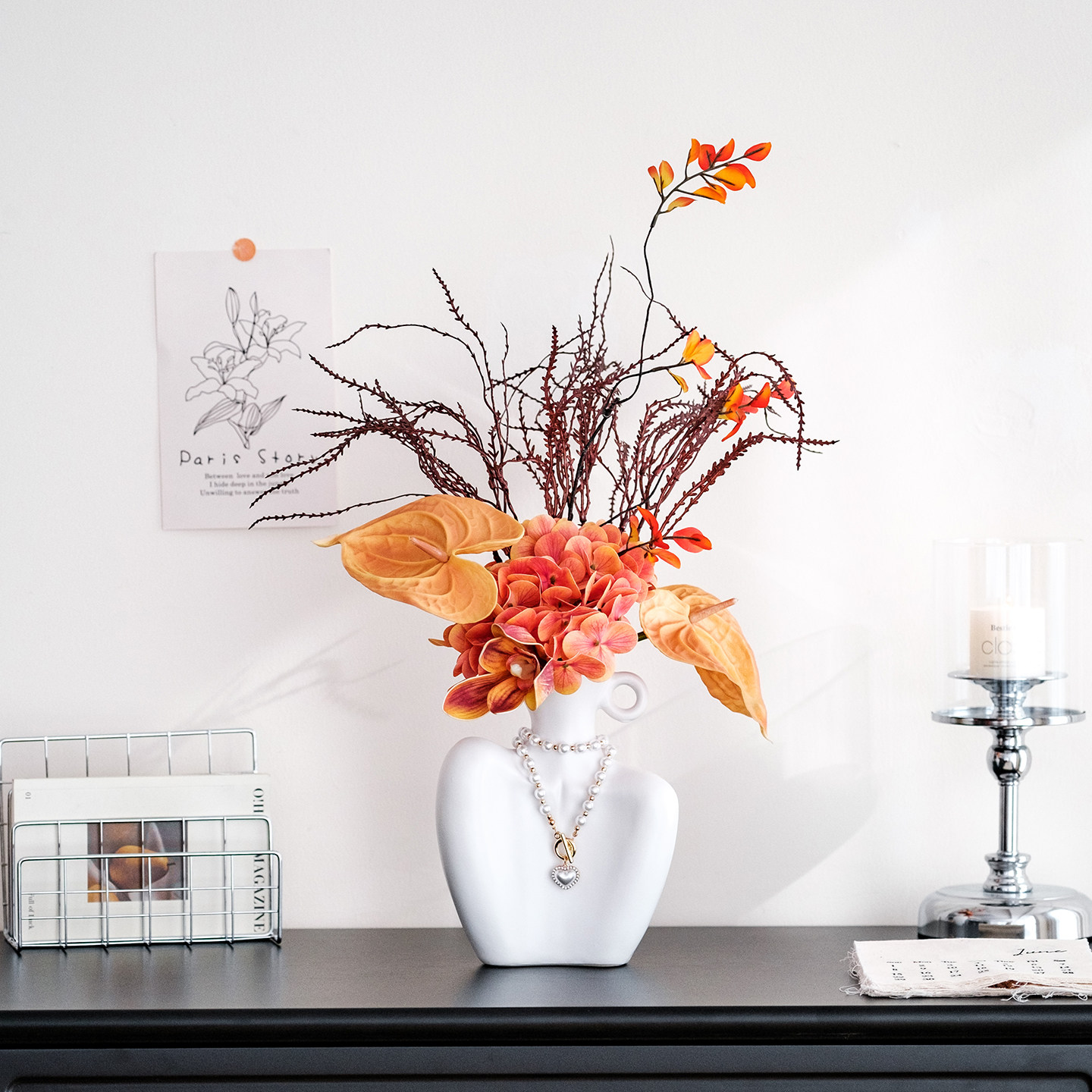 女神陶瓷花瓶仿真花艺橙色粉色系带装饰摆件餐桌花艺客厅桌面摆设,家居饰品,餐桌花艺,淘宝优惠券,粉丝福利购,淘宝优惠卷