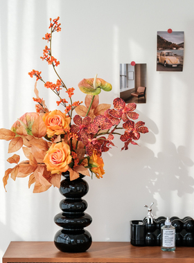 中古风玫瑰仿真花束橙色玫瑰兰花火鹤花餐桌装饰摆件客厅花艺