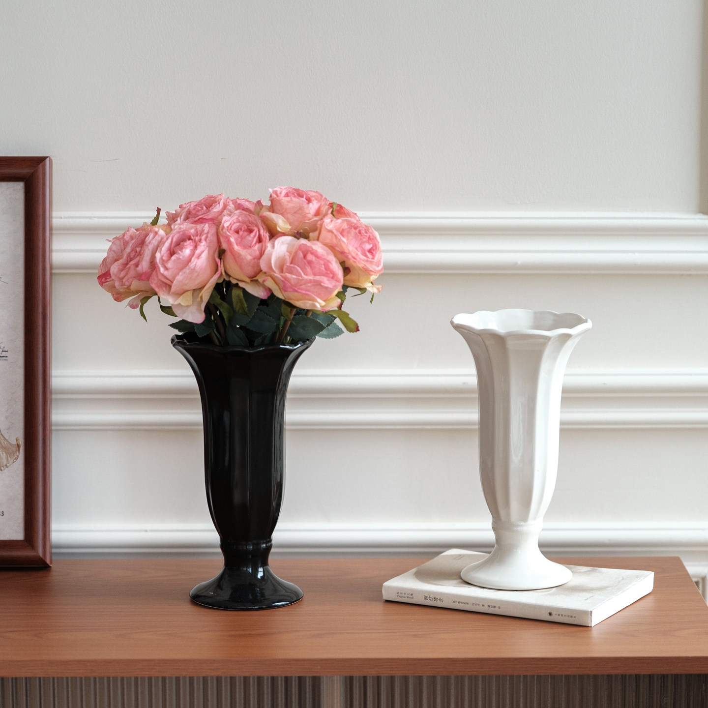 北欧ins风黑色陶瓷百合花瓶客厅插花摆件高级感仿真花餐桌摆设