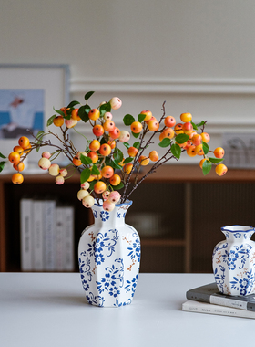 新中式复古小花器青花瓷仿真小苹果摆件浆果客厅插花桌面装饰绿植