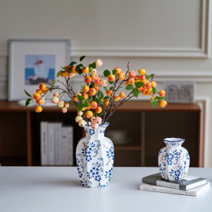 新中式 饰绿植 复古小花器青花瓷仿真小苹果摆件浆果客厅插花桌面装
