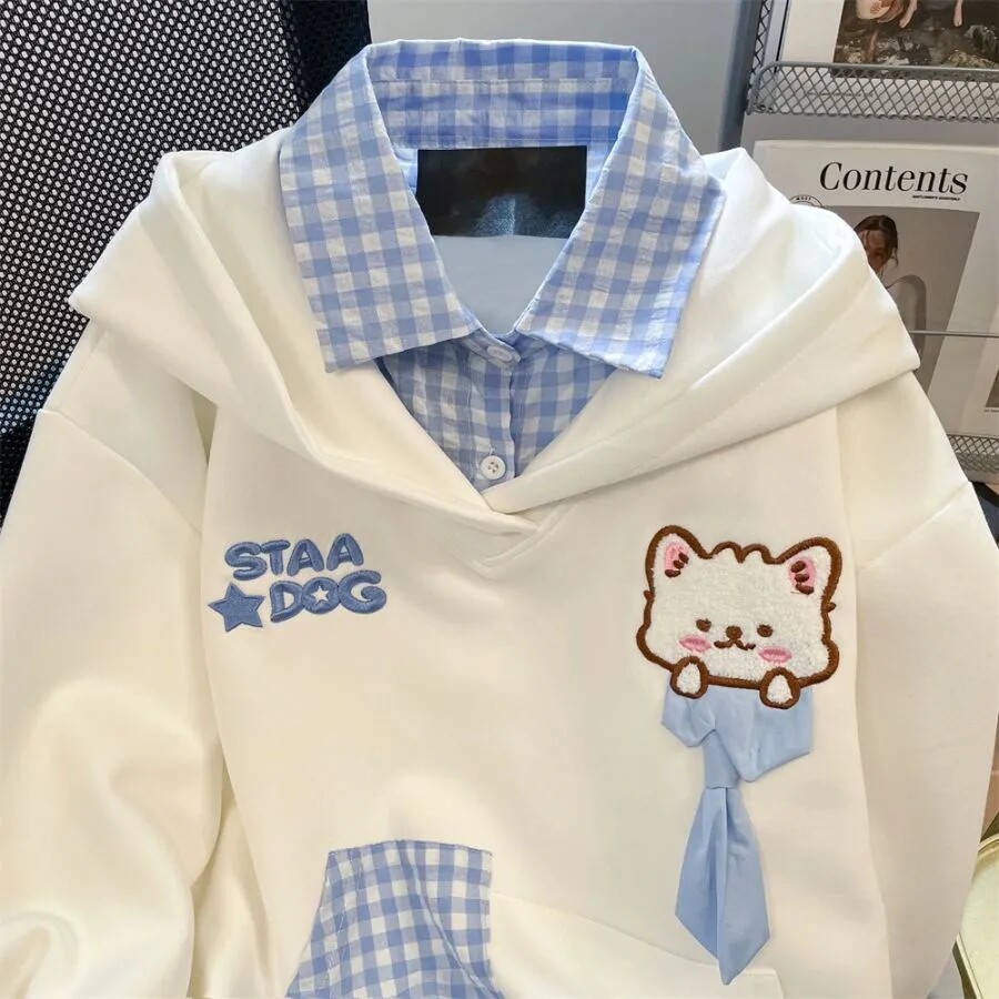 现货学院风小狗刺绣拼接针织衫POLO领短袖设计感T恤女潮假两件套