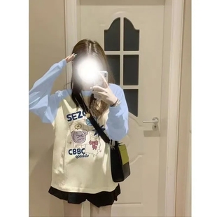 纯棉蓝拼杏色长袖通勤小众t恤休闲韩版宽松oversize甜美外穿卫衣