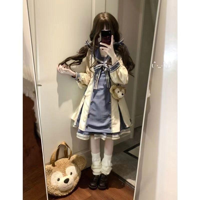 雾蓝色海军领蝴蝶结长袖OP连衣裙